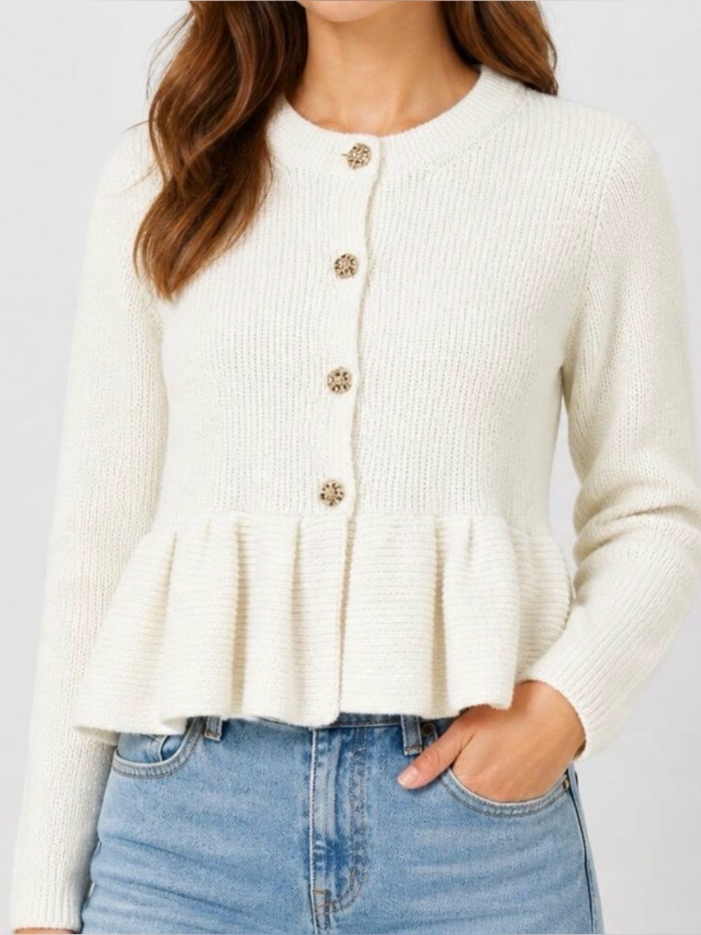 En Saison Peplum Cardigan Wool Blend Chunky Knit Sweater Preppy Coquette SMALL